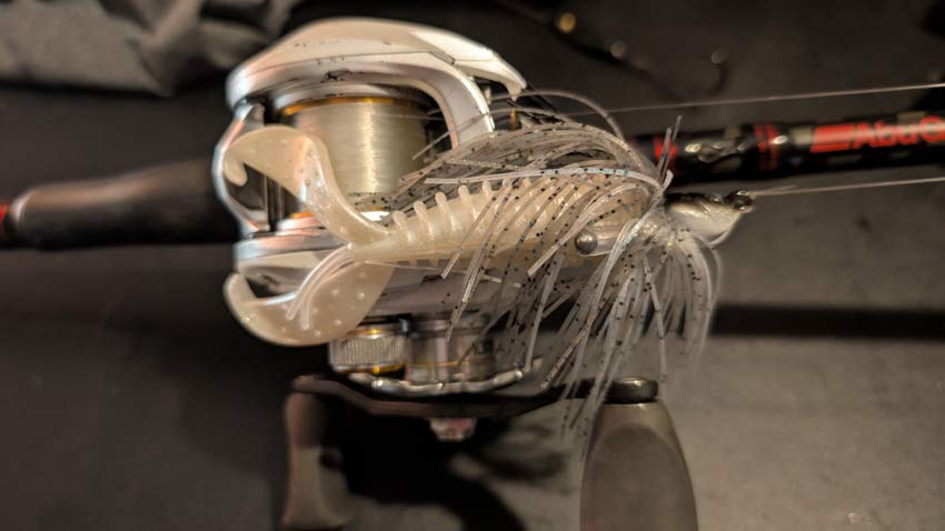 A Taylor Man's Perfect Swimmer Swim Jig on a fishing reel ready to go